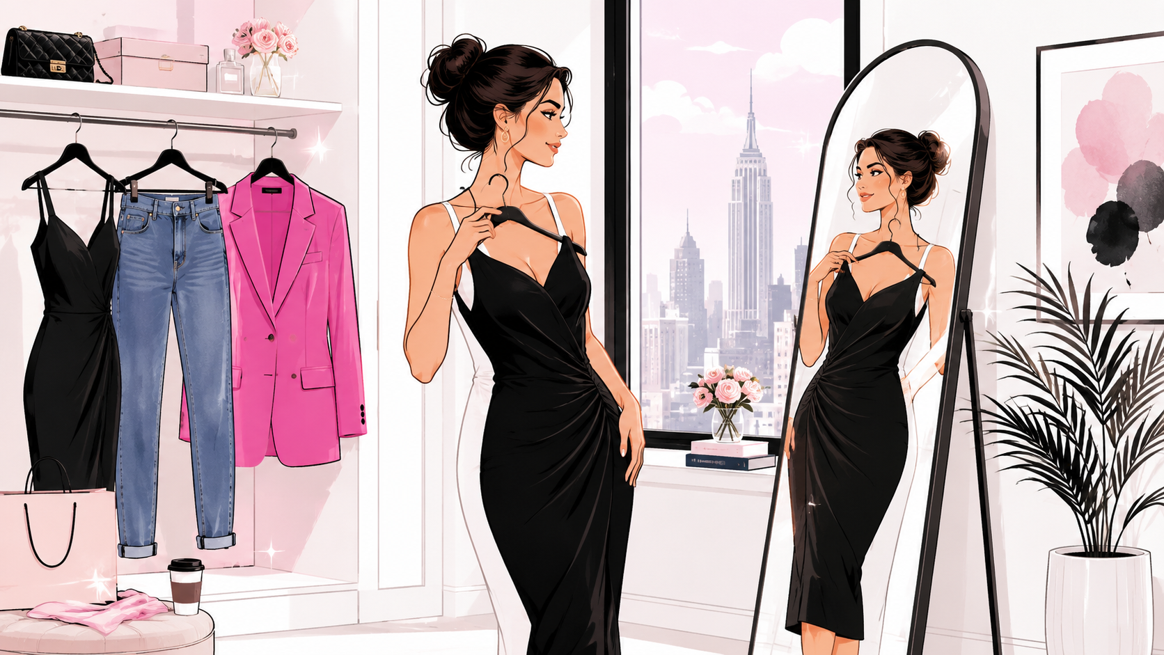 Confident NYC professional in a black dress admiring her figure in a mirror with the Manhattan skyline behind her